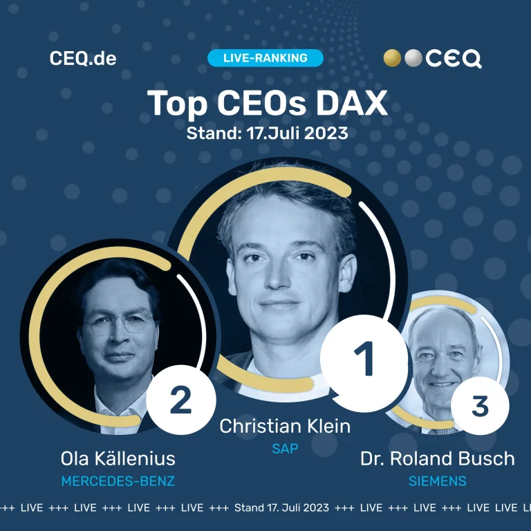 Das CEO-Ranking für alle Top-Entscheider*innen börsen­notierter Unter­nehmen –über 80.000 Datenquellen und konsolidiert diese in 5 Hauptdimensionen: 1. Business Performance 2. Media Presence 3. Social Engagement 4. Sustainability/ESG 5. Hot Topics