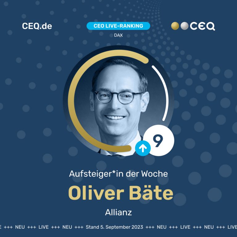 Das CEO-Ranking für alle Top-Entscheider*innen börsen­notierter Unter­nehmen –über 80.000 Datenquellen und konsolidiert diese in 5 Hauptdimensionen: 1. Business Performance 2. Media Presence 3. Social Engagement 4. Sustainability/ESG 5. Hot Topics